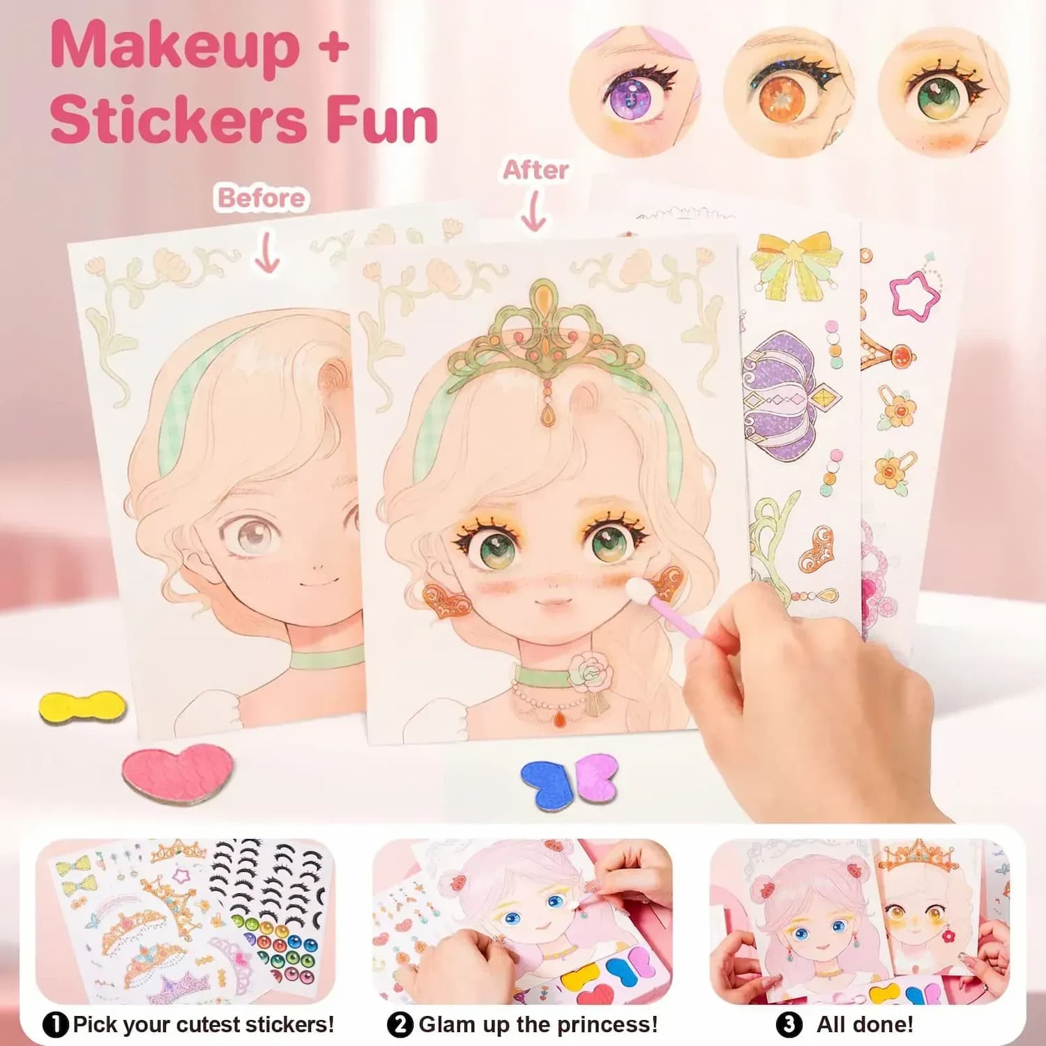 Princess Art Studio - 4-in-1 Craft Book with Makeup Set, Gemstones, and Foil