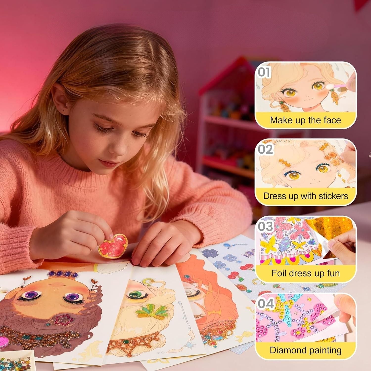 Princess Art Studio - 4-in-1 Craft Book with Makeup Set, Gemstones, and Foil