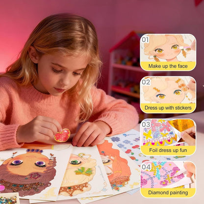 Princess Art Studio - 4-in-1 Craft Book with Makeup Set, Gemstones, and Foil