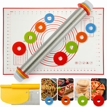 Adjustable Roller Pin - Rolling Pin Set with Adjustable Thickness and Silicone Baking Mat