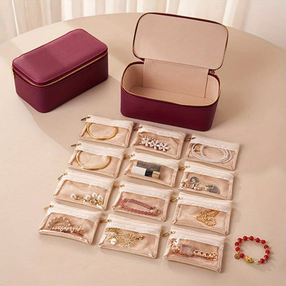 Jewellery Case - Travel Jewelry Box with 12 Velvet Pouches – Tangle-Free