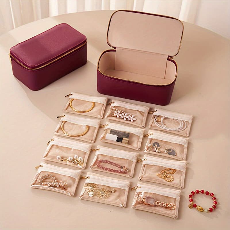 Jewellery Case - Travel Jewelry Box with 12 Velvet Pouches – Tangle-Free