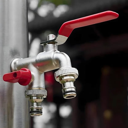 Double Garden Faucet - Double Water Tap Stainless Steel with 2 Outlets