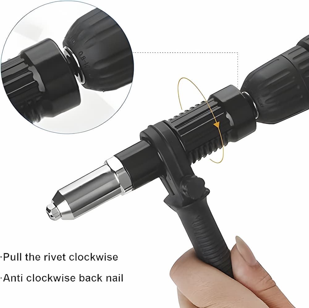 Drill chuck attachment that transforms your drill into an automatic rivet gun.