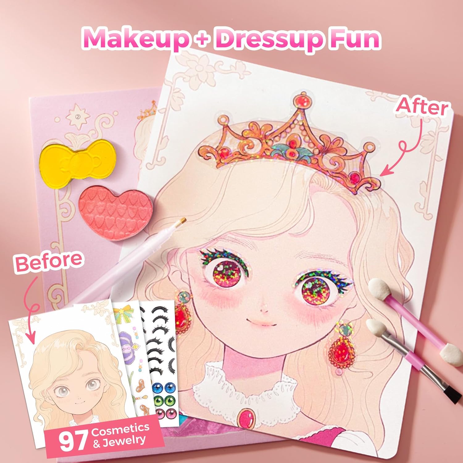 Princess Art Studio - 4-in-1 Craft Book with Makeup Set, Gemstones, and Foil