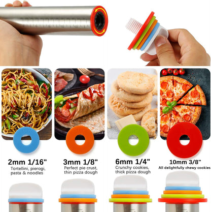 Adjustable Roller Pin - Rolling Pin Set with Adjustable Thickness and Silicone Baking Mat