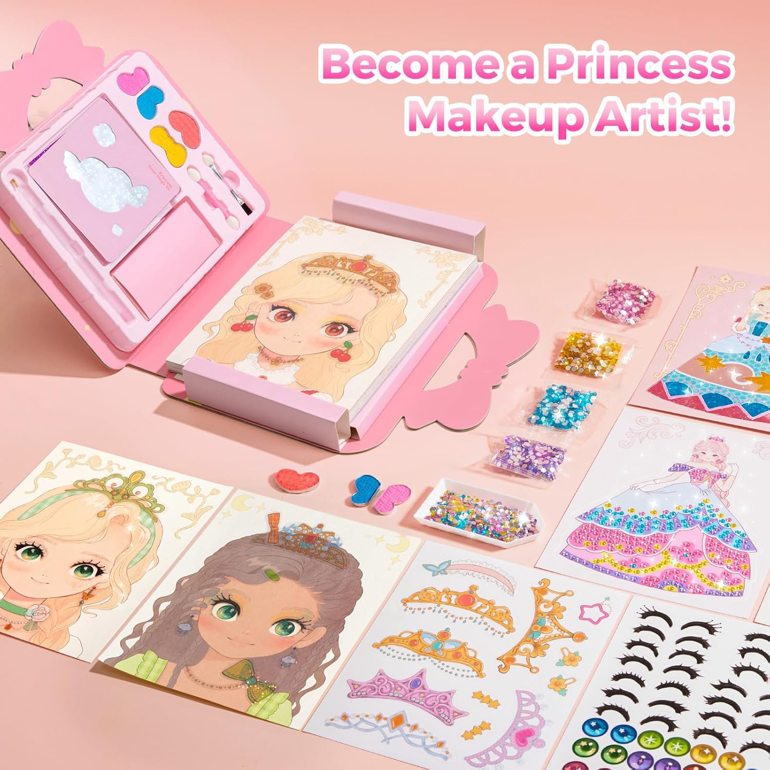 Princess Art Studio - 4-in-1 Craft Book with Makeup Set, Gemstones, and Foil