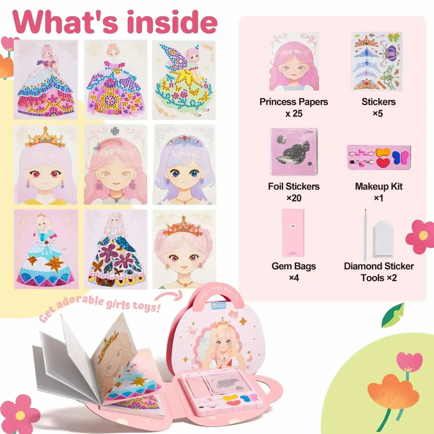 Princess Art Studio - 4-in-1 Craft Book with Makeup Set, Gemstones, and Foil