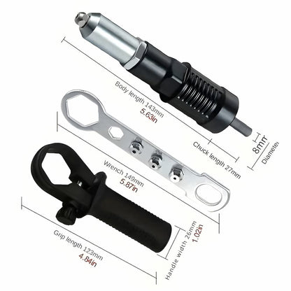 Drill chuck attachment that transforms your drill into an automatic rivet gun.
